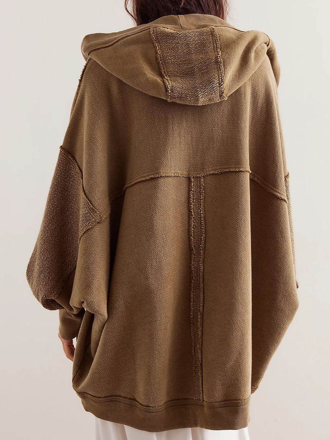 Exposed Seam Open Front Batwing Sleeve Hooded Cardigan - Delanoir
