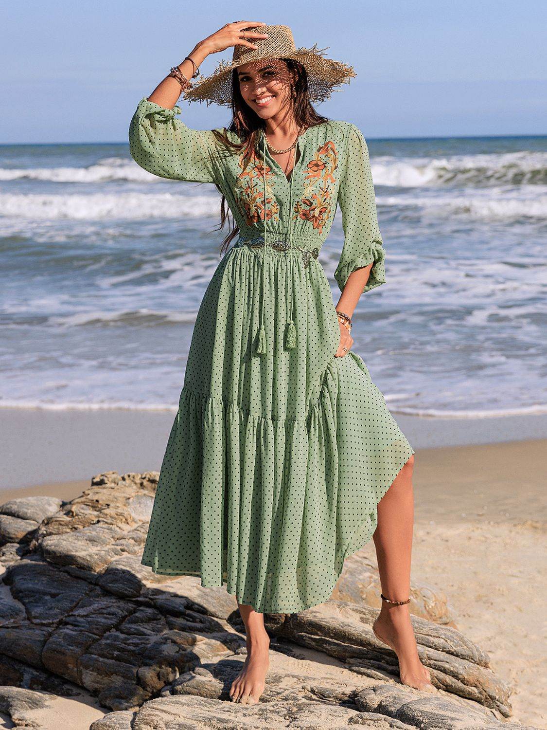 Embroidered Polka Dot Tie Neck Long Sleeve Midi Dress - Delanoir