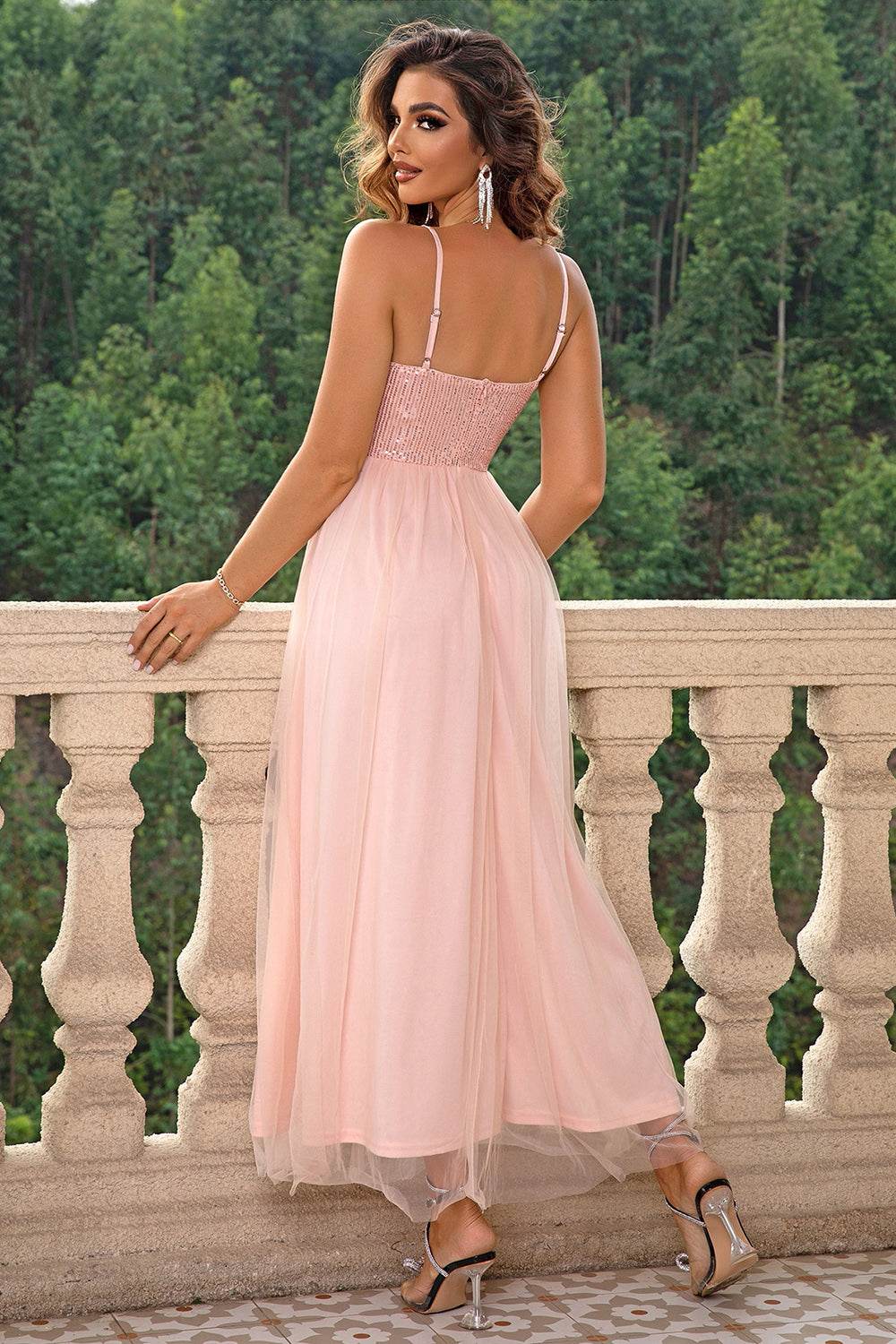 Spaghetti Strap Slit Mesh Dress - Delanoir