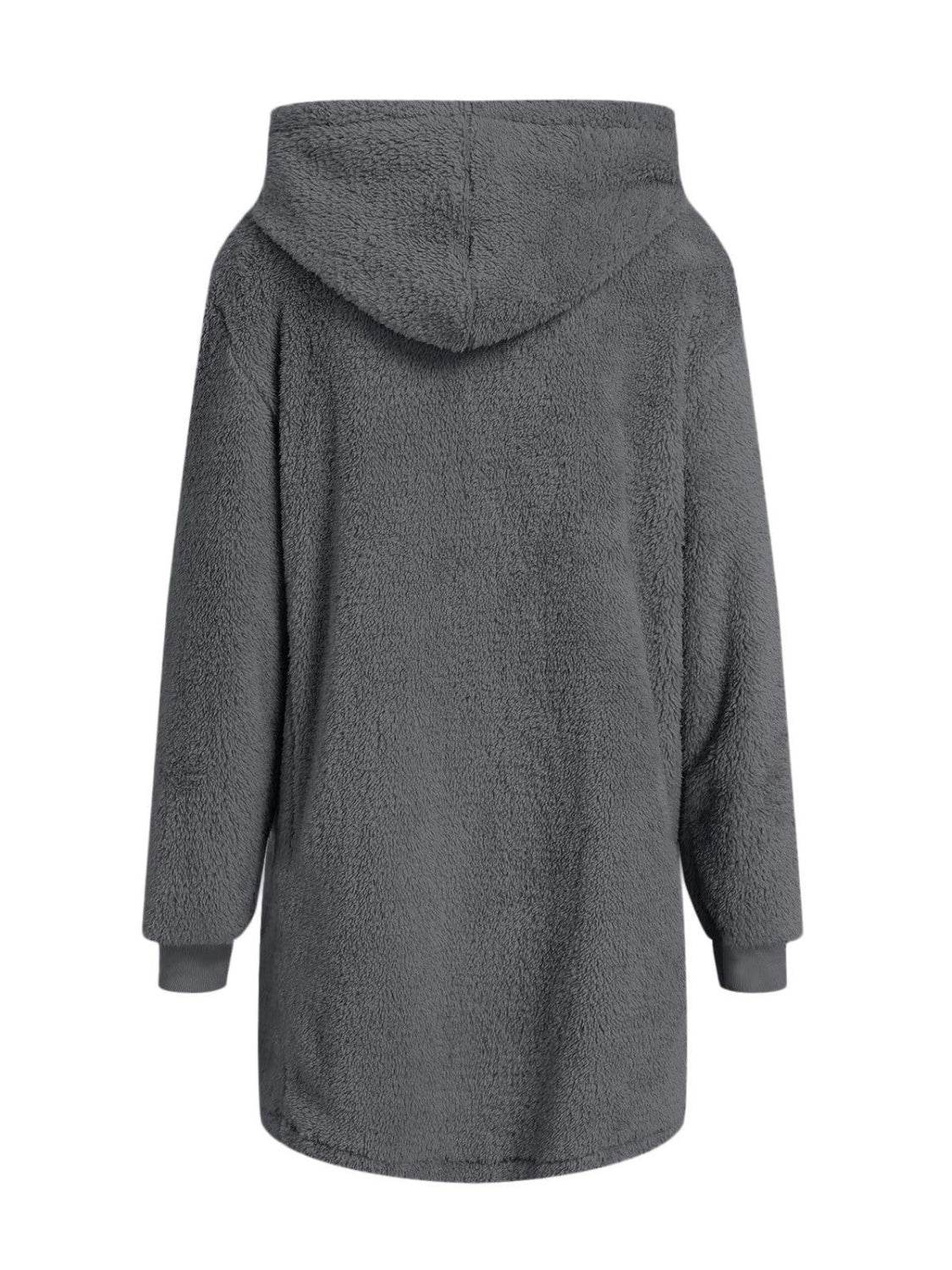 Fuzzy Pocketed Zip Up Long Sleeve Hooded Jacket - Delanoir
