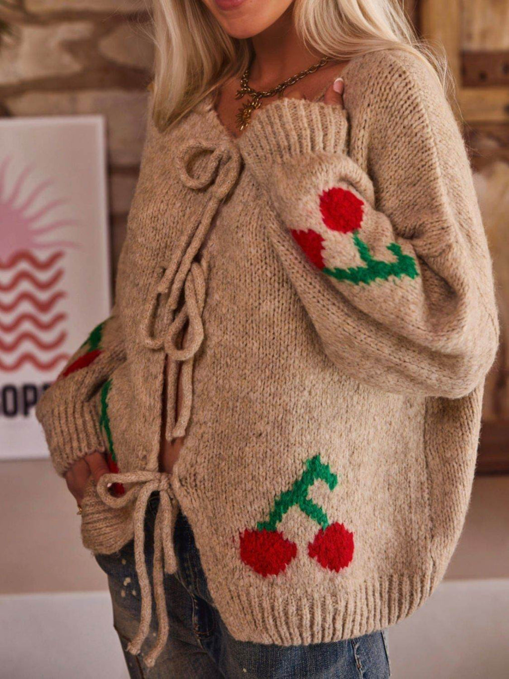 Tied Cherry Round Neck Long Sleeve Cardigan - Delanoir