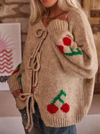 Tied Cherry Round Neck Long Sleeve Cardigan - Delanoir