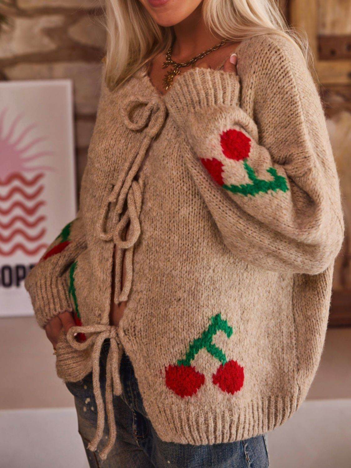 Tied Cherry Round Neck Long Sleeve Cardigan - Delanoir