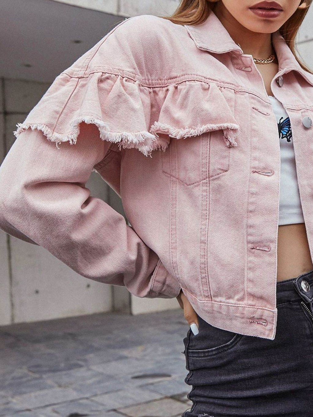 Ruffled Collared Neck Long Sleeve Denim Top - Delanoir