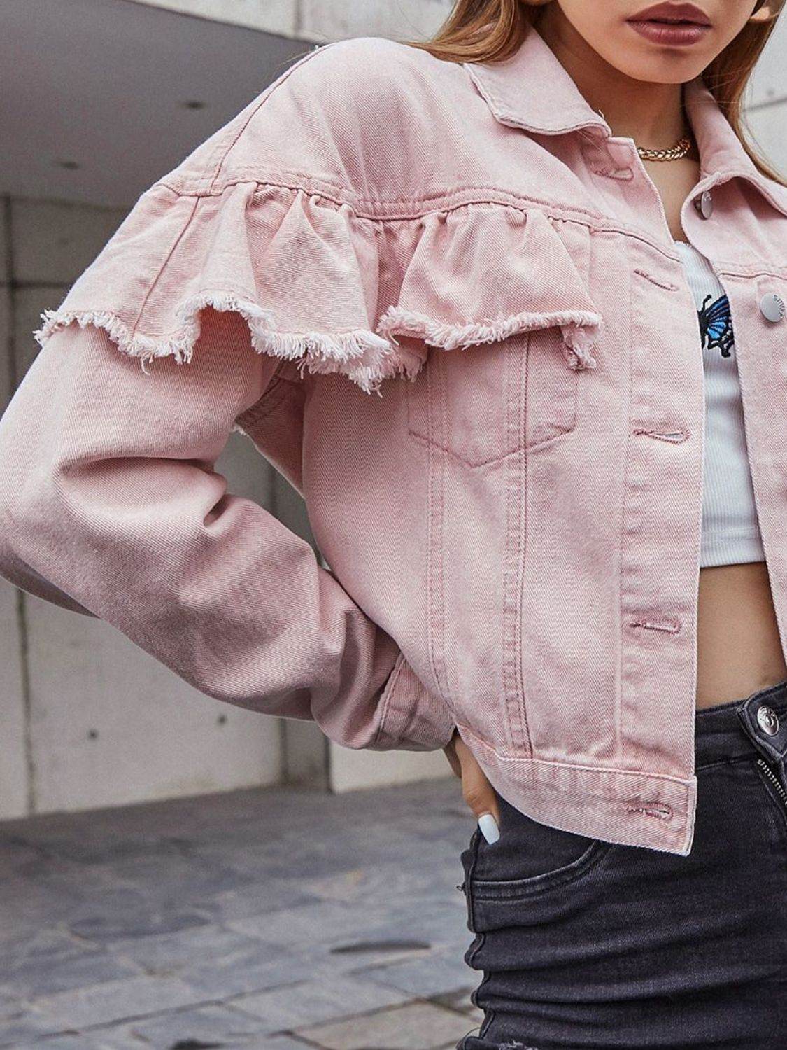 Ruffled Collared Neck Long Sleeve Denim Top - Delanoir