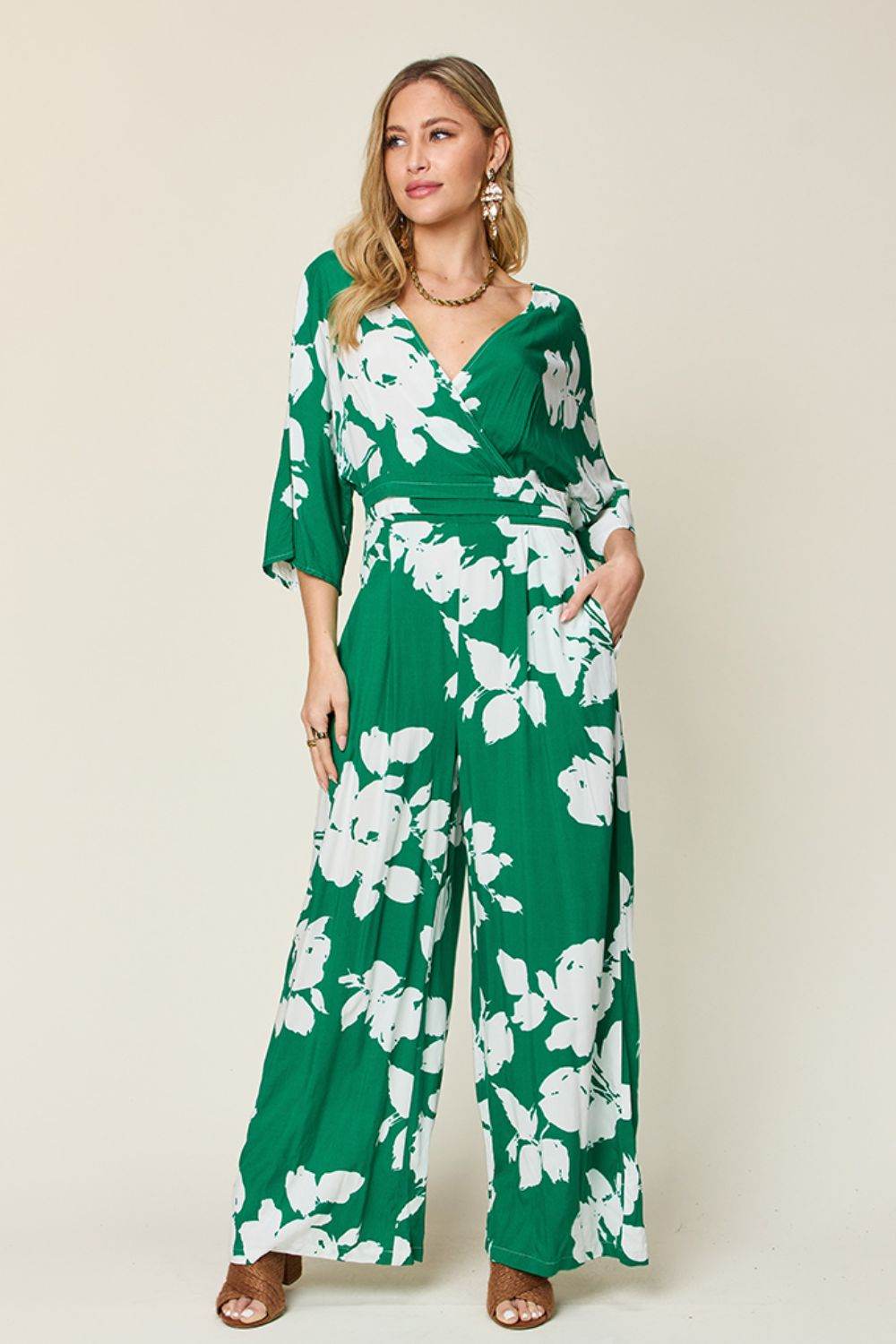 Double Take Full Size Printed Tie Back Wide Leg Jumpsuit - Delanoir