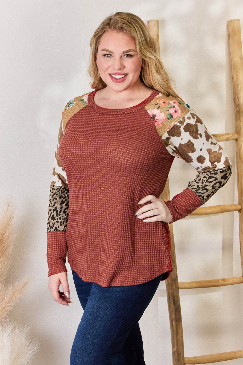 Hailey & Co Full Size Leopard Waffle-Knit Blouse - Delanoir