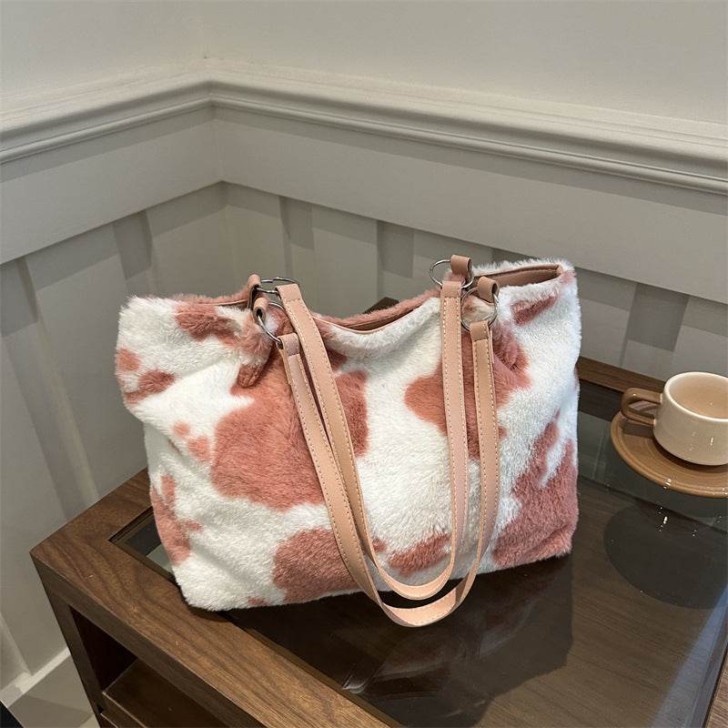 Cow Print Furry Tote Bag - Delanoir