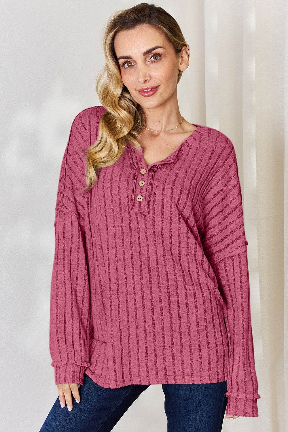 Basic Bae Full Size Ribbed Half Button Long Sleeve T-Shirt - Delanoir