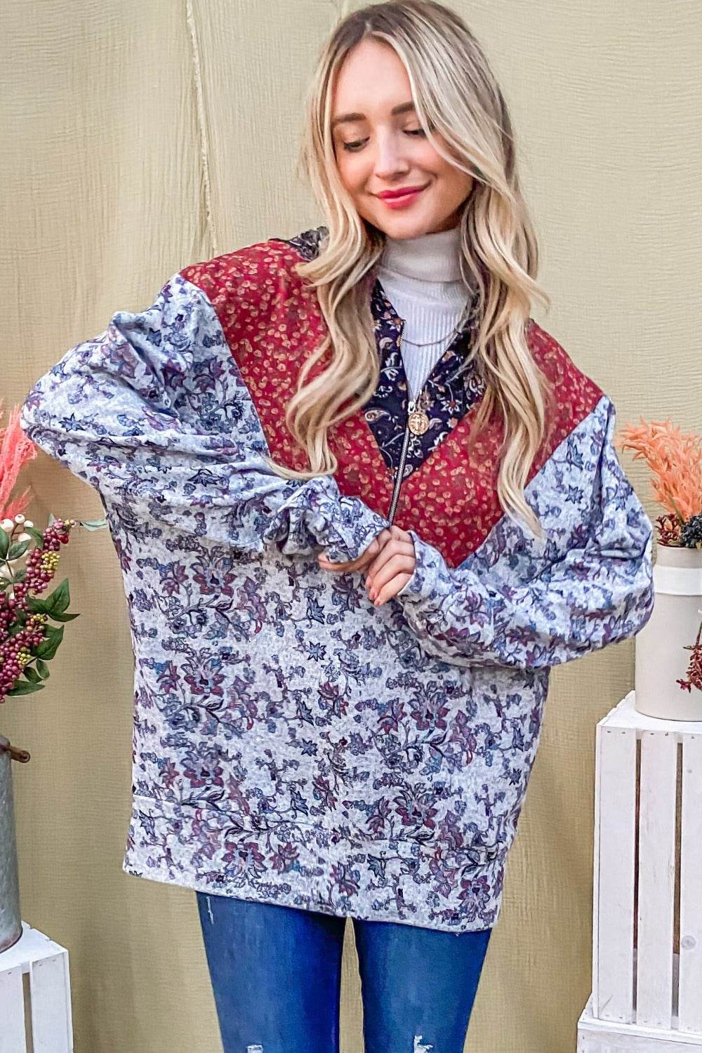 And The Why Printed Half Zip Up Long Sleeve Hoodie - Delanoir
