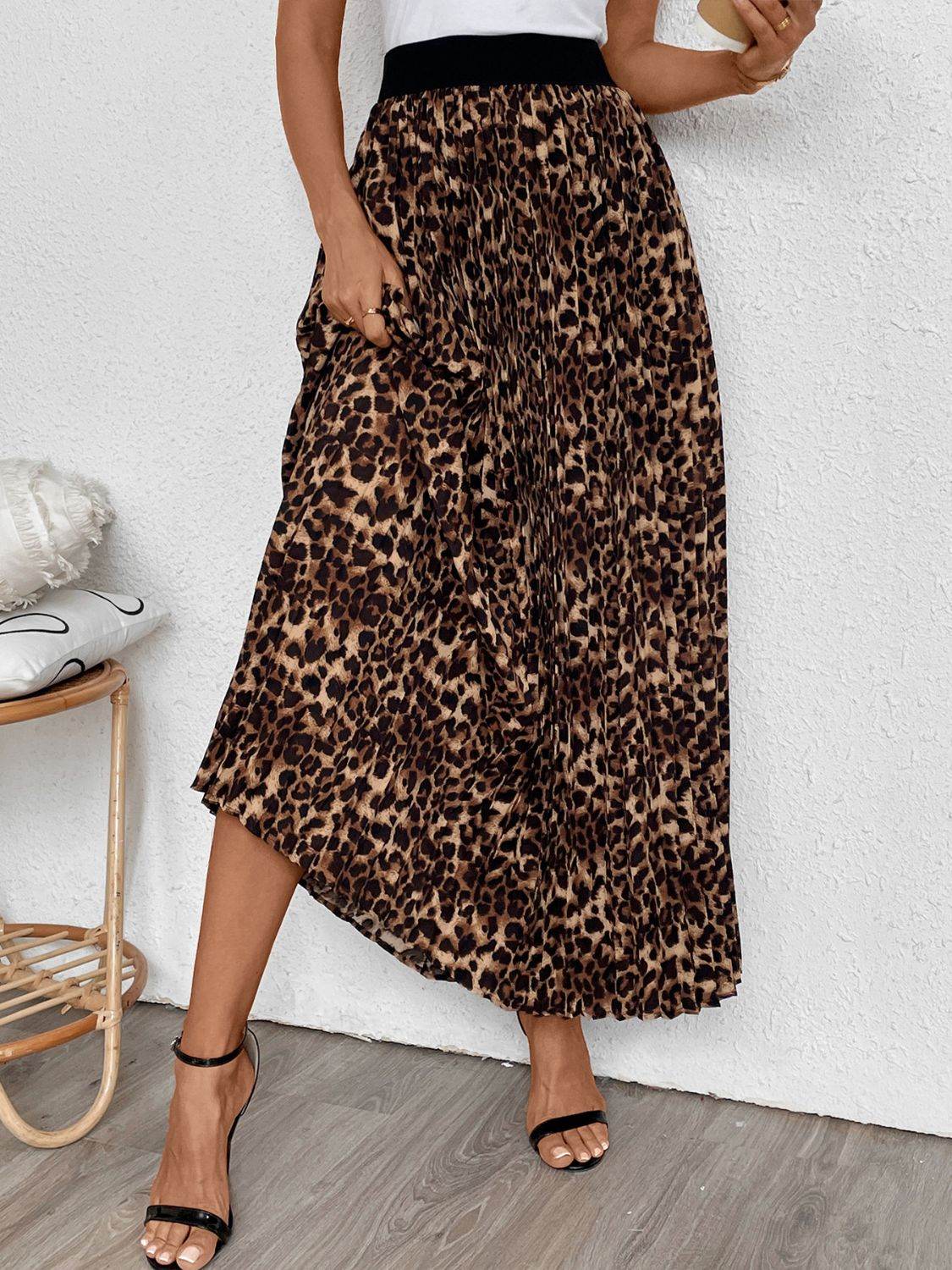 Perfee Pleated Leopard Maxi Skirt - Delanoir