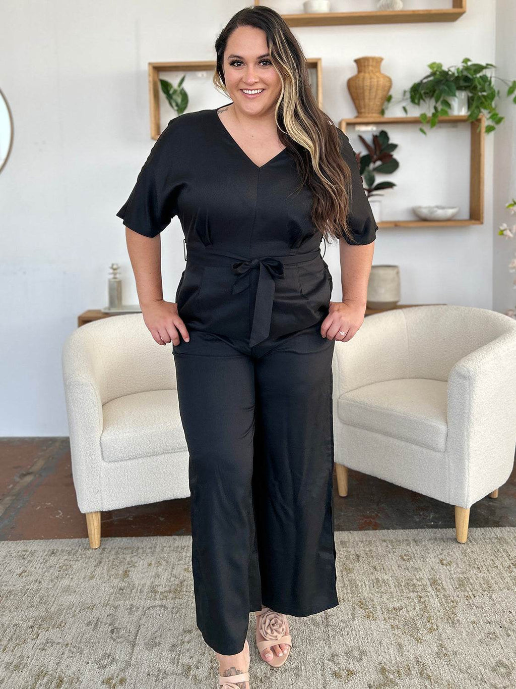 Double Take Full Size V-Neck Tied Side Slit Jumpsuit - Delanoir