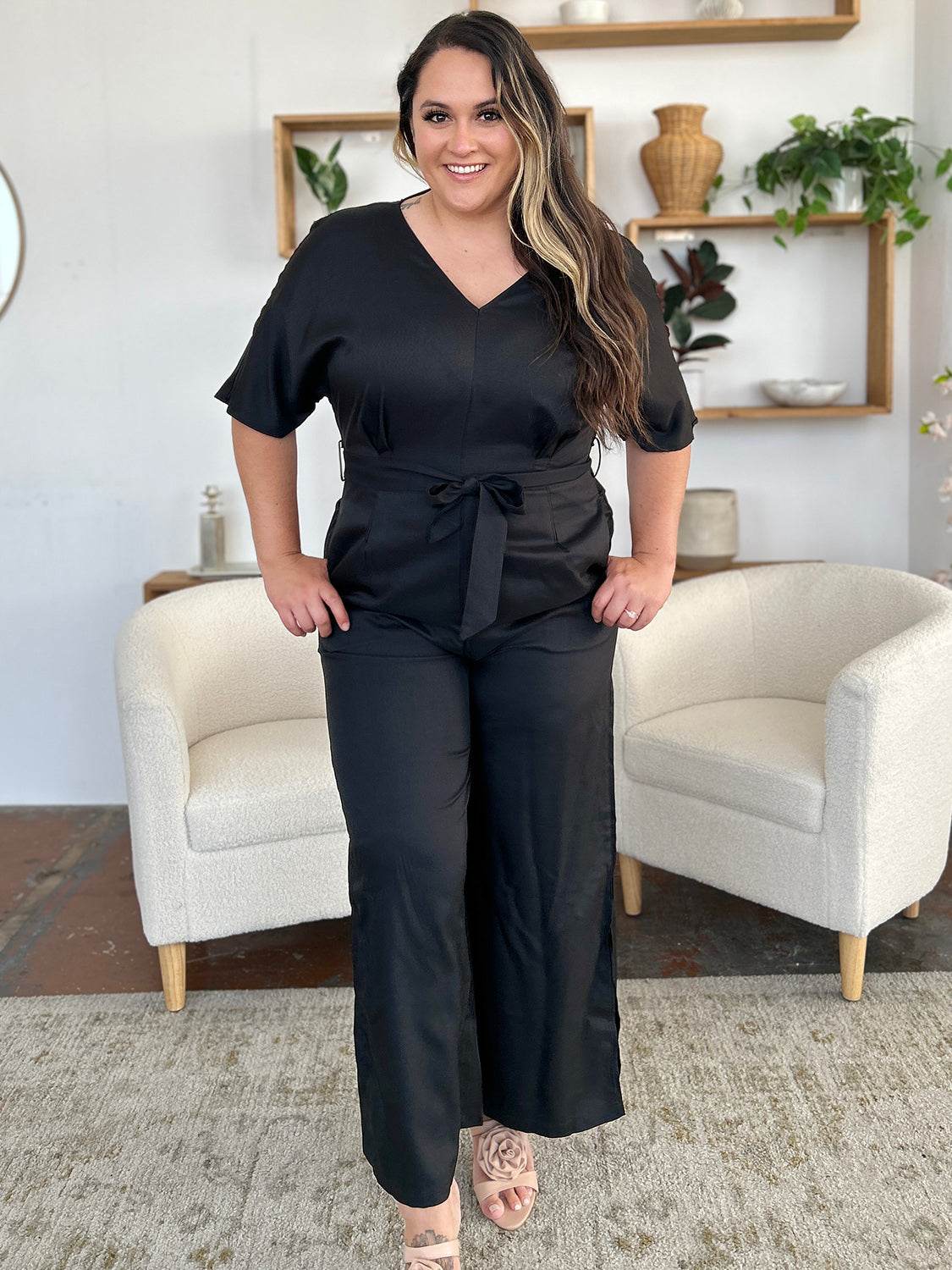 Double Take Full Size V-Neck Tied Side Slit Jumpsuit - Delanoir