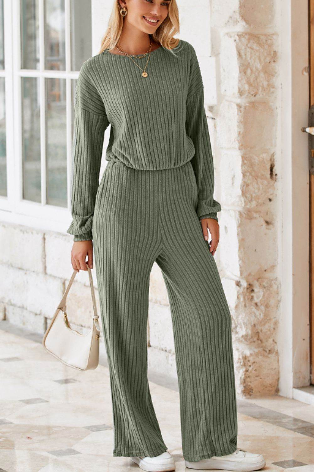Round Neck Long Sleeve Jumpsuit - Delanoir