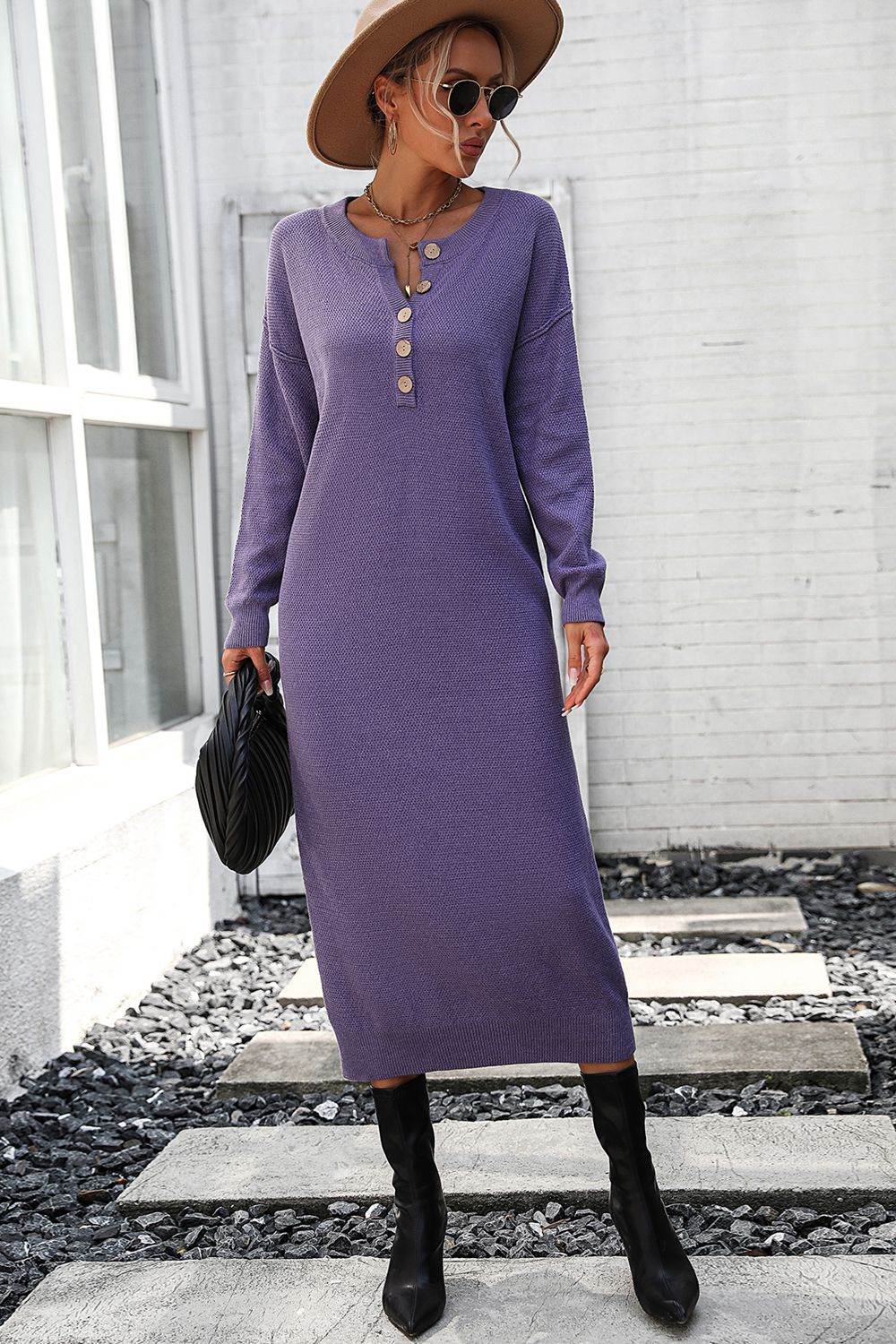 Decorative Button Notched Dropped Shoulder Sweater Dress - Delanoir