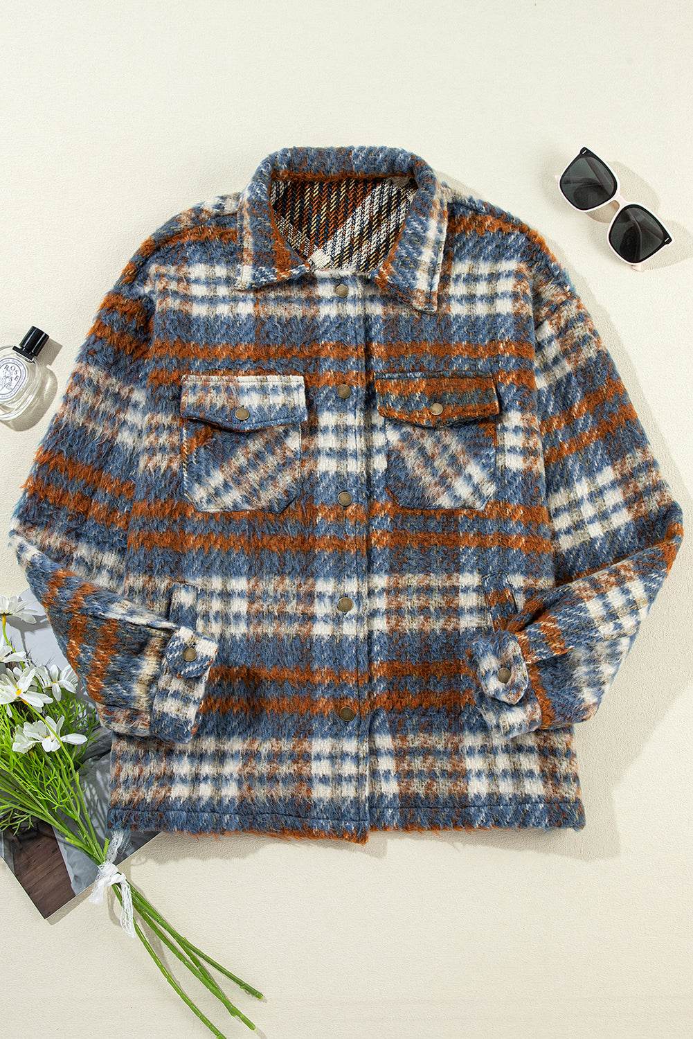Plaid Collared Neck Jacket with Chest Pockets - Delanoir