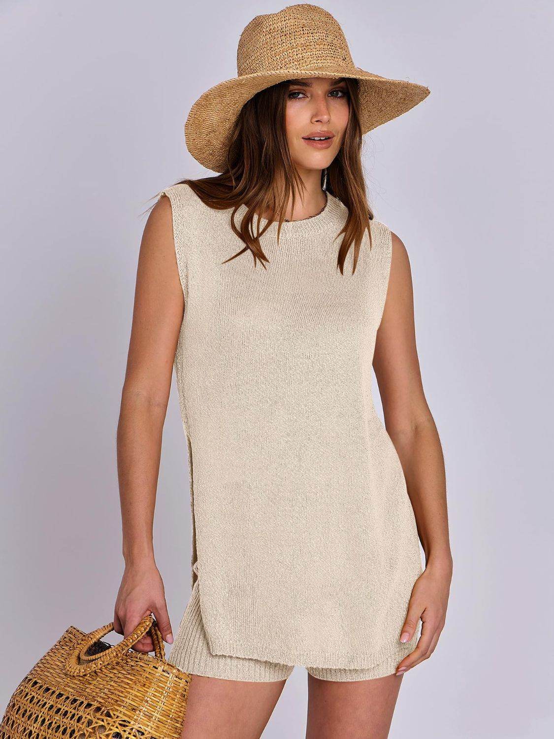 Mandy Side Slit Round Neck Tank and Shorts Sweater Set - Delanoir