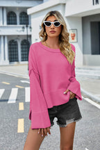 High-Low Slit Round Neck Long Sleeve Sweater - Delanoir