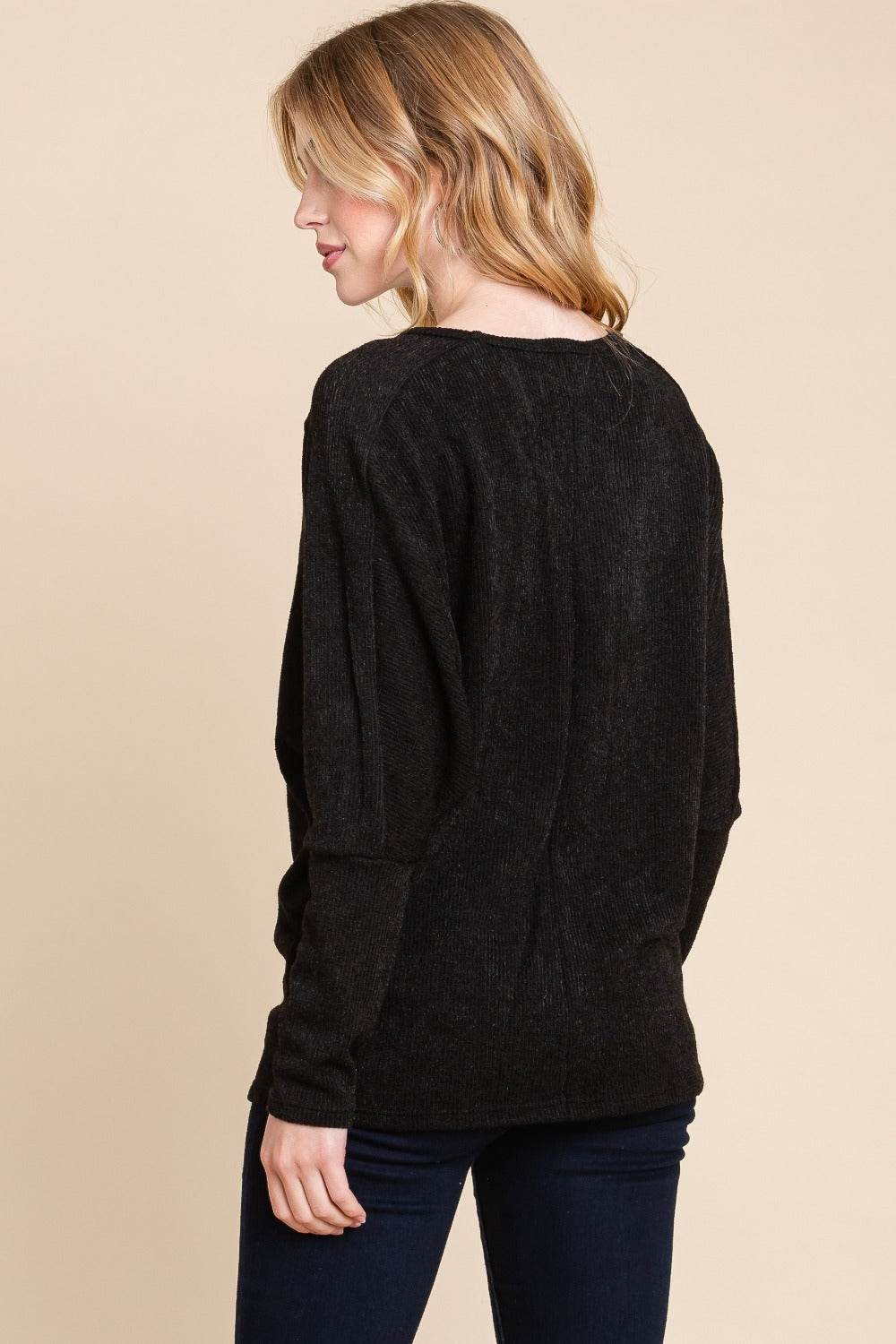 BOMBOM Drop Shoulder Long Sleeve Knit Top - Delanoir