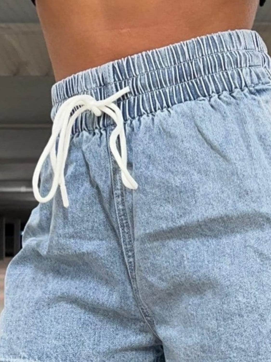 Drawstring High Waist Denim Shorts - Delanoir
