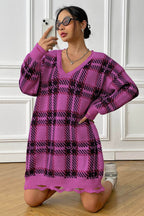 Plaid V-Neck Long Sleeve Sweater Dress - Delanoir