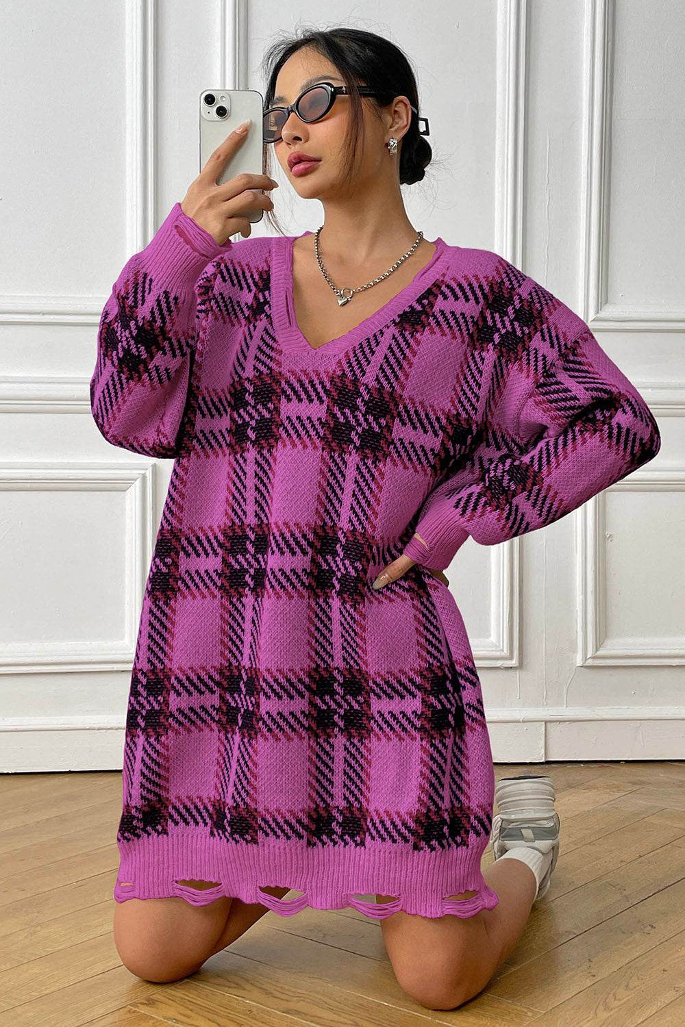 Plaid V-Neck Long Sleeve Sweater Dress - Delanoir