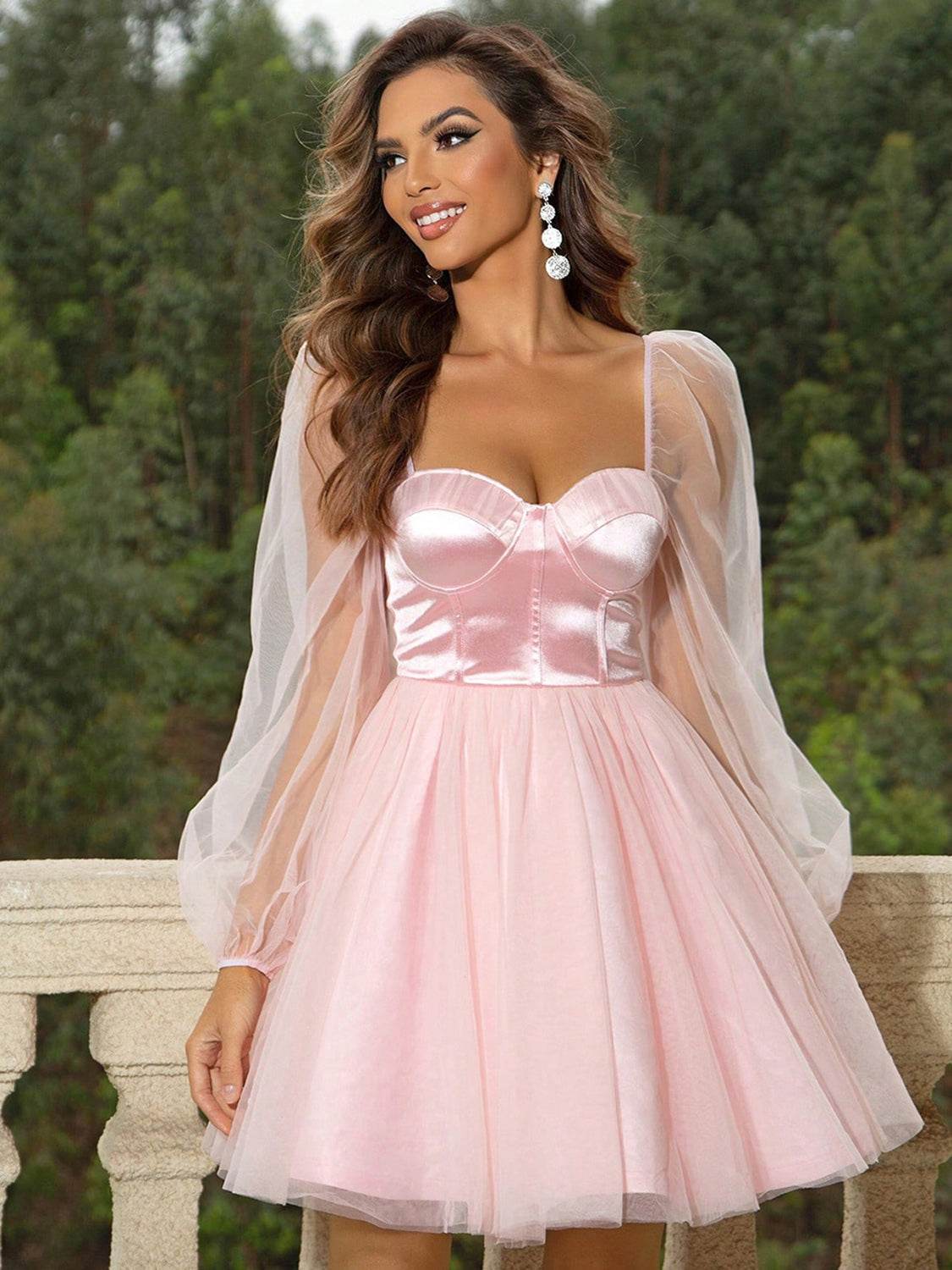 Sweetheart Neck Balloon Sleeve Mini Dress - Delanoir