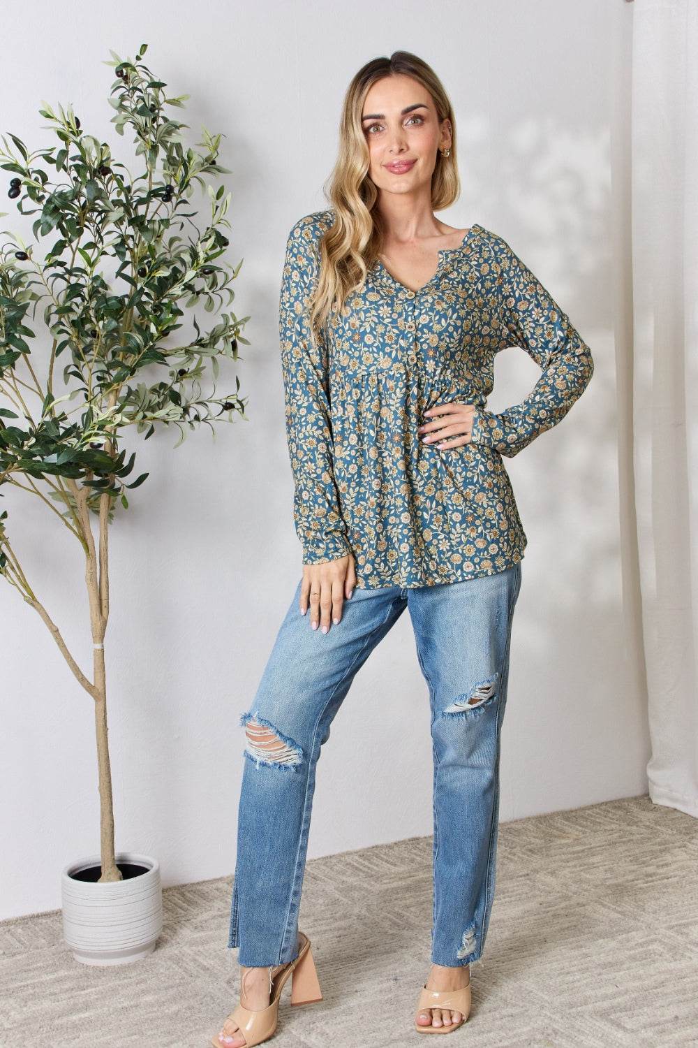 Heimish Full Size Floral Half Button Long Sleeve Blouse - Delanoir