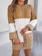 Cable-Knit Round Neck Color Block Sweater Dress - Delanoir