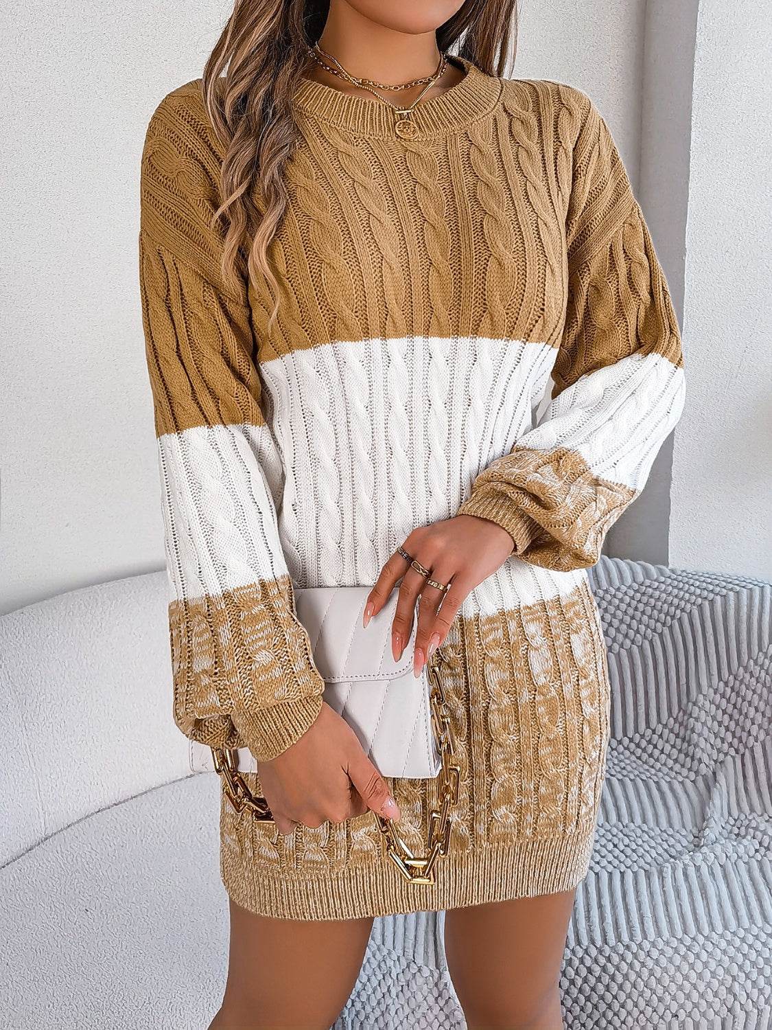 Cable-Knit Round Neck Color Block Sweater Dress - Delanoir