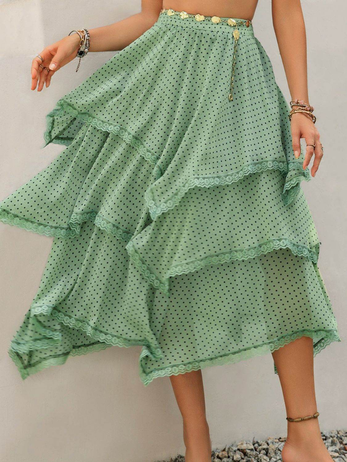 Lace Detail Layered Printed Skirt - Delanoir