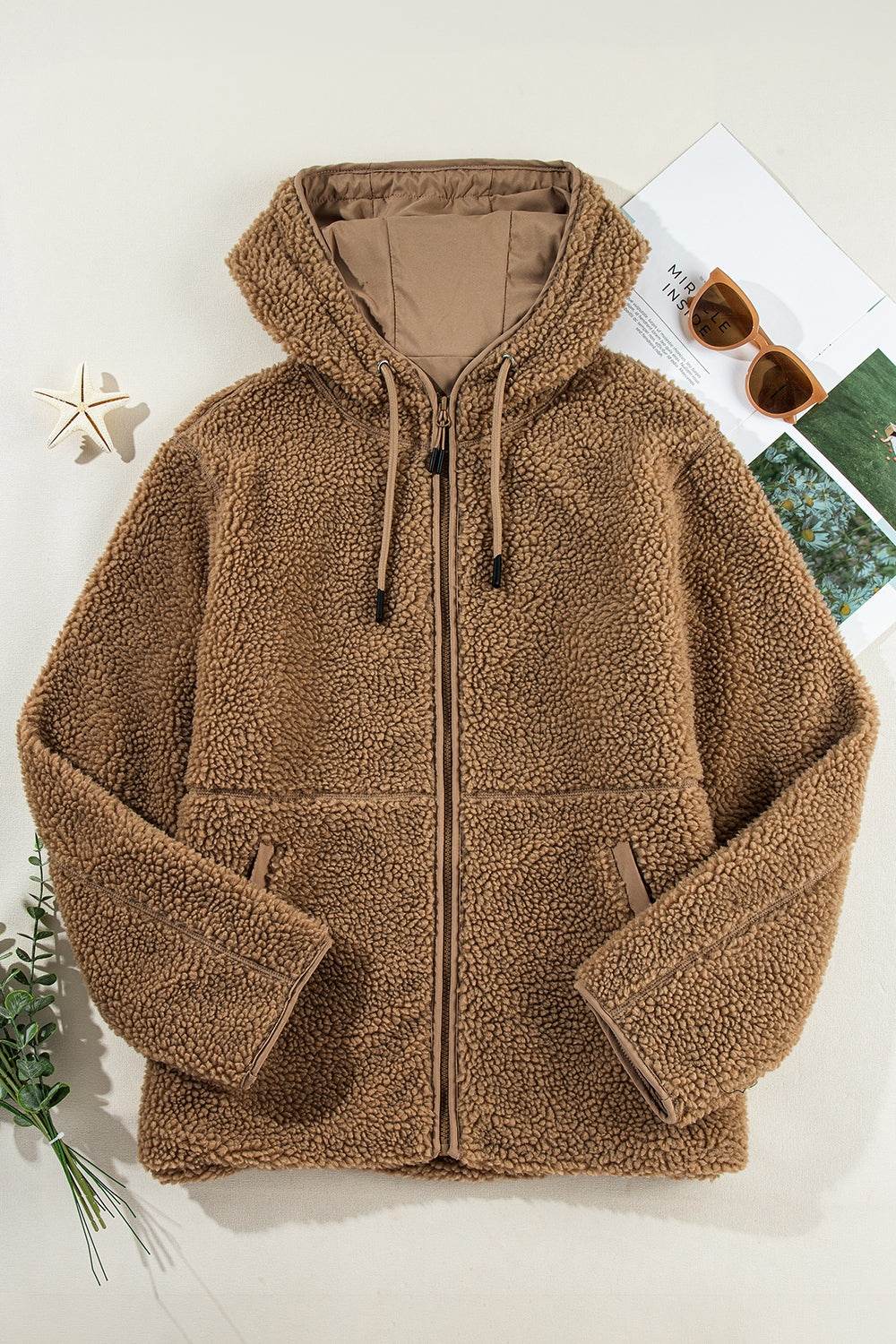 Drawstring Fleece Zip Up Hooded Jacket - Delanoir