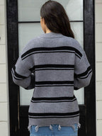 Striped Frayed Hem Round Neck Sweater - Delanoir