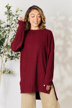 Basic Bae Full Size Ribbed Round Neck Long Sleeve Slit Top - Delanoir