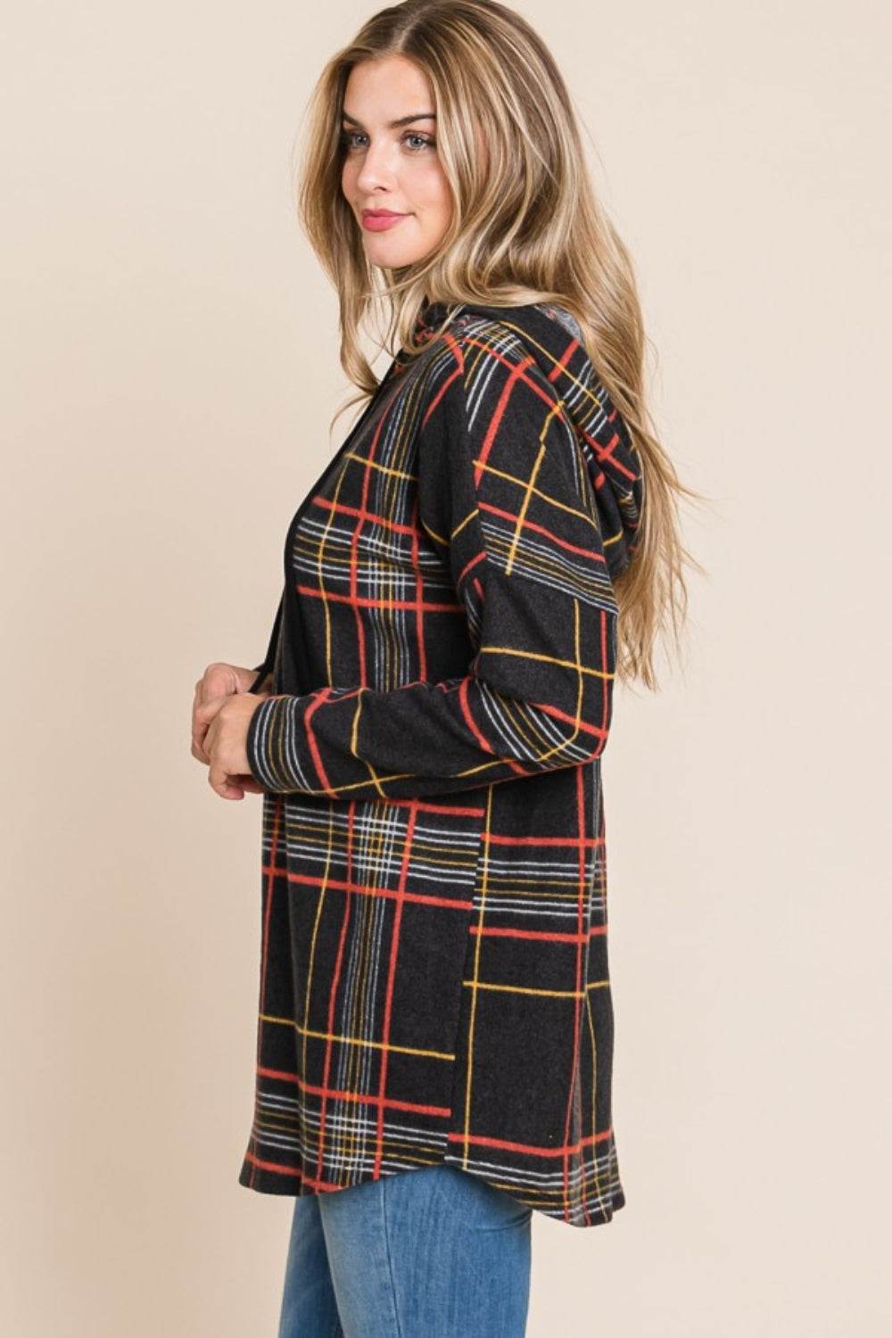 BOMBOM Drawstring Plaid Long Sleeve Hoodie - Delanoir