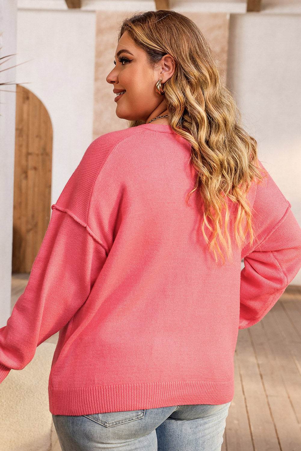 Plus Size V-Neck Dropped Shoulder Sweater - Delanoir