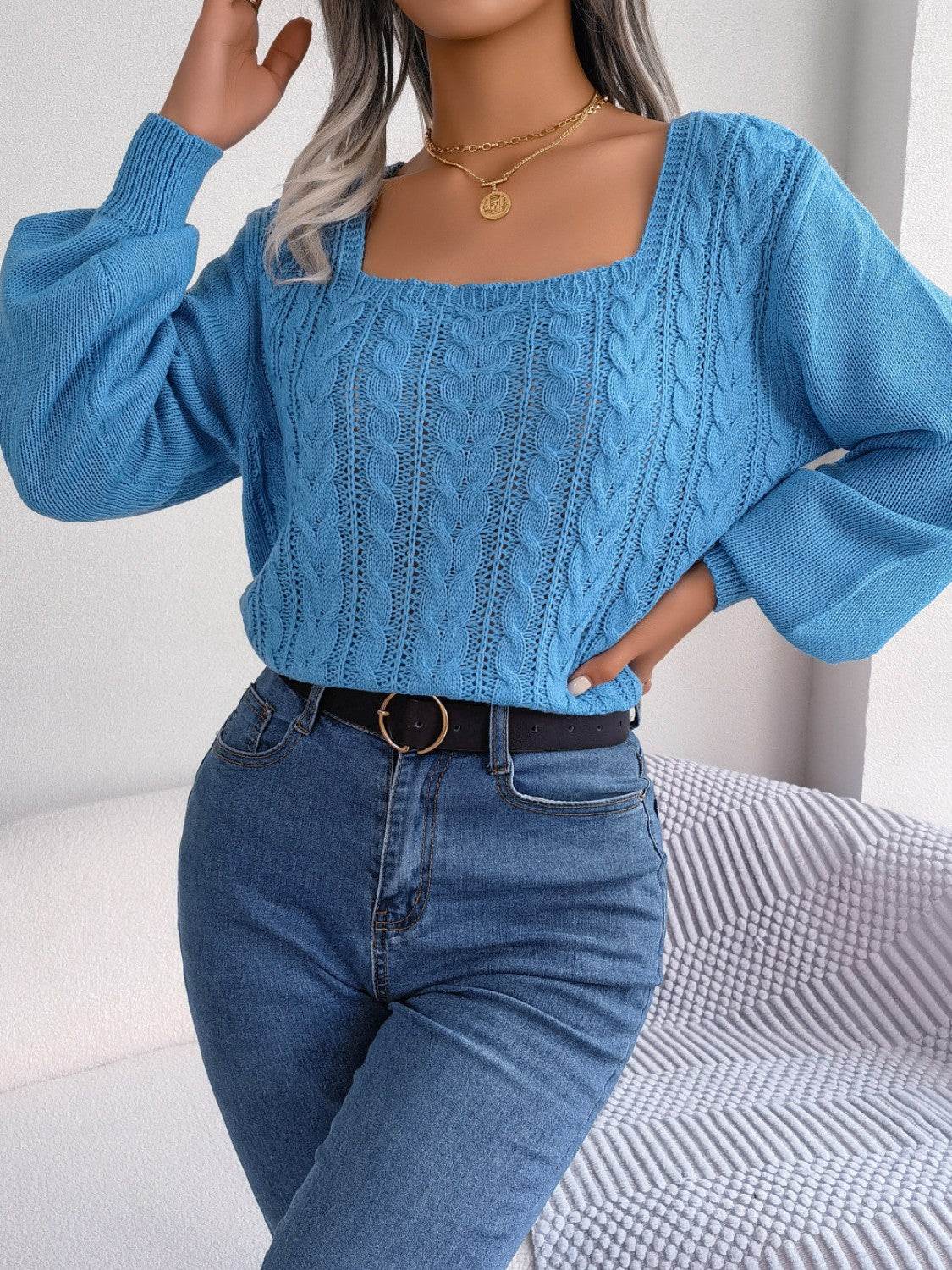 Cable-Knit Square Neck Long Sleeve Sweater - Delanoir