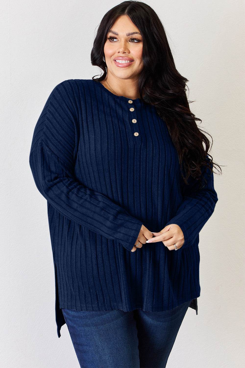 Basic Bae Full Size Ribbed Half Button Long Sleeve High-Low T-Shirt - Delanoir
