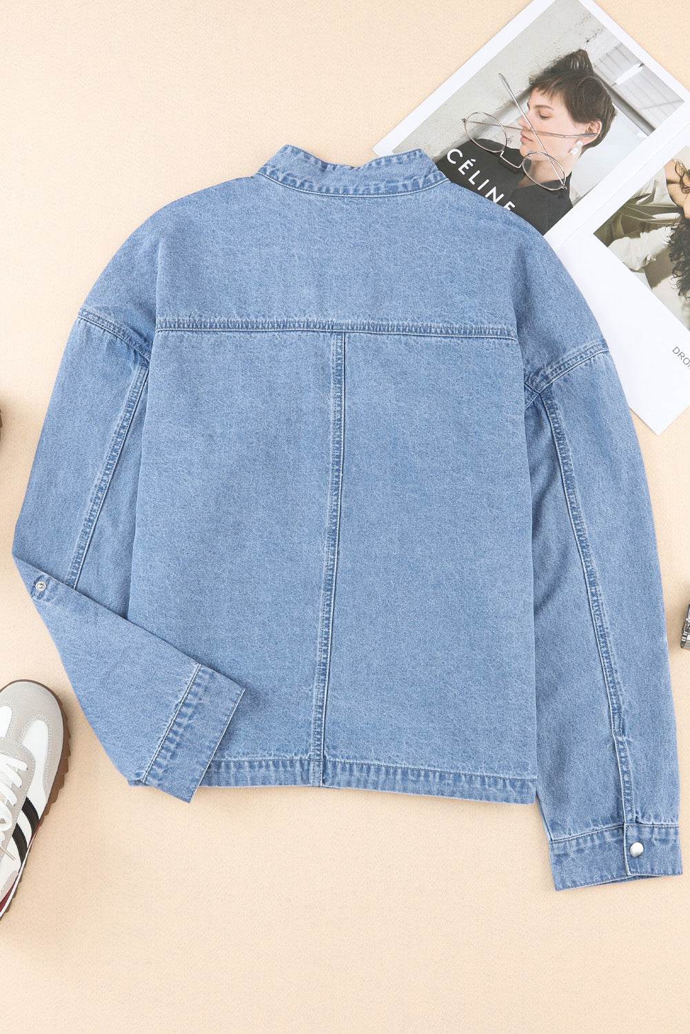 Drawstring Snap Down Denim Jacket with Chest Pockets - Delanoir