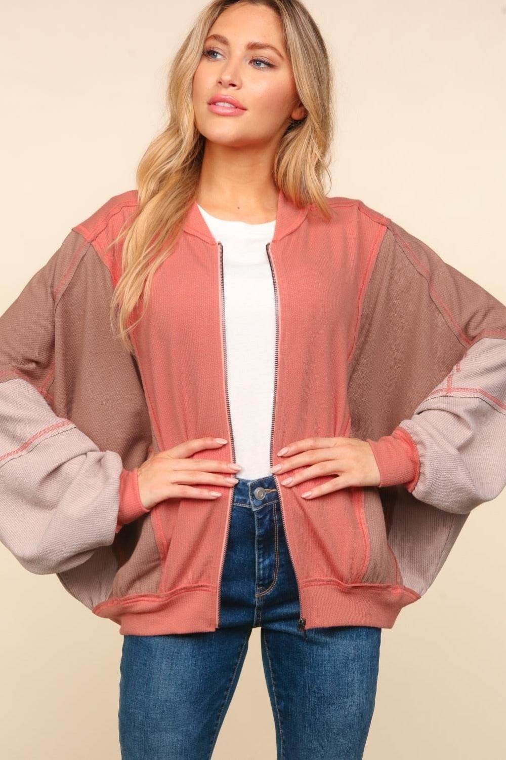 Haptics Zip Up Color Block Bomber Jacket with Side Pockets - Delanoir