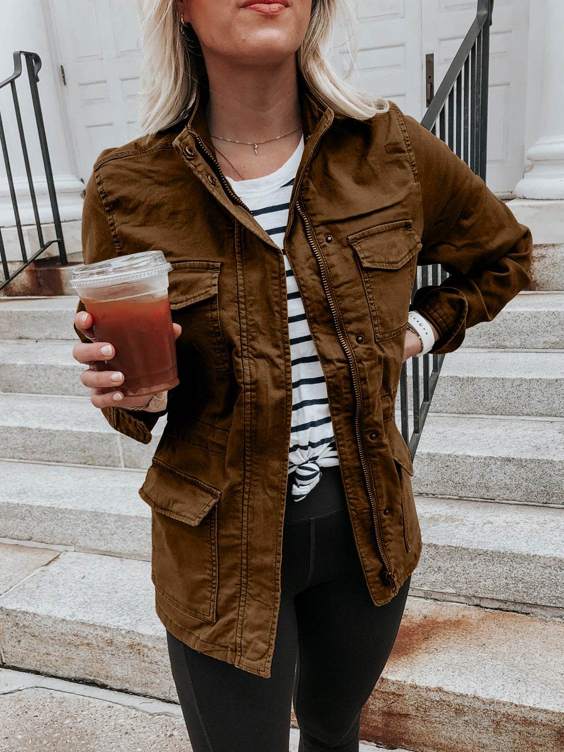 Pocketed Long Sleeve Zip Up Jacket - Delanoir