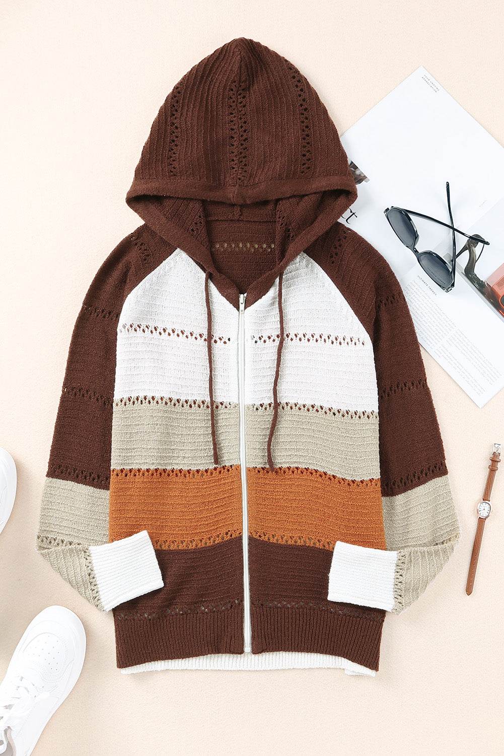 Zip-Up Raglan Sleeve Openwork Hooded Cardigan - Delanoir
