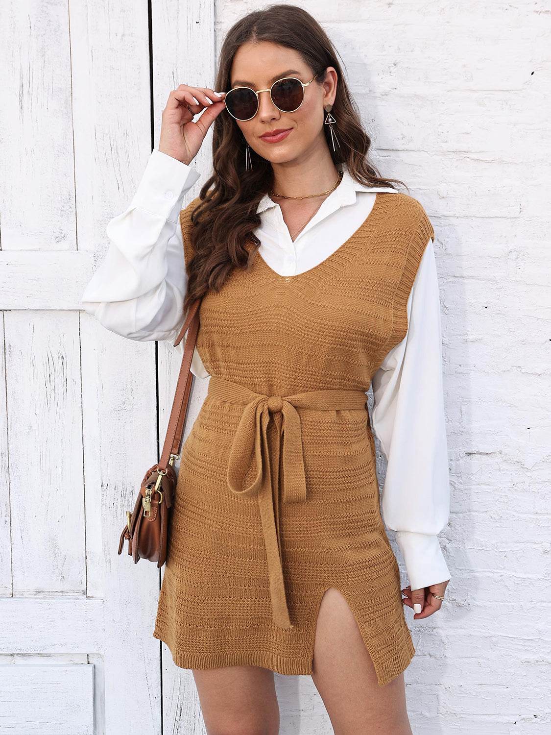 Tie Front V-Neck Sleeveless Slit Sweater Dress - Delanoir