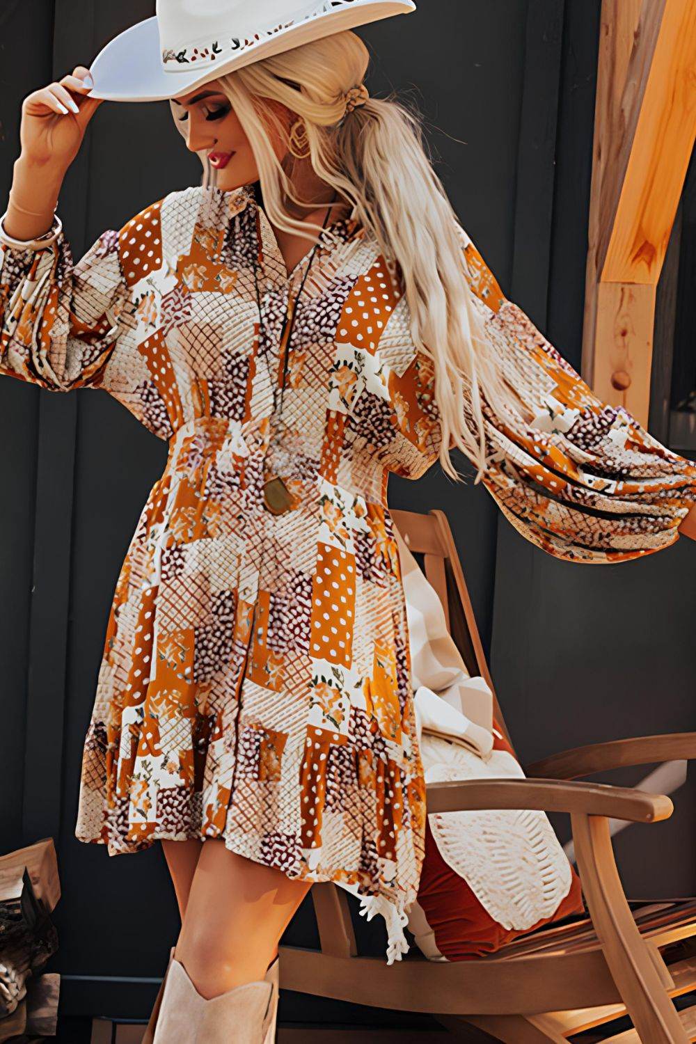 Printed Collared Neck Three-Quarter Sleeve Mini Shirt Dress - Delanoir