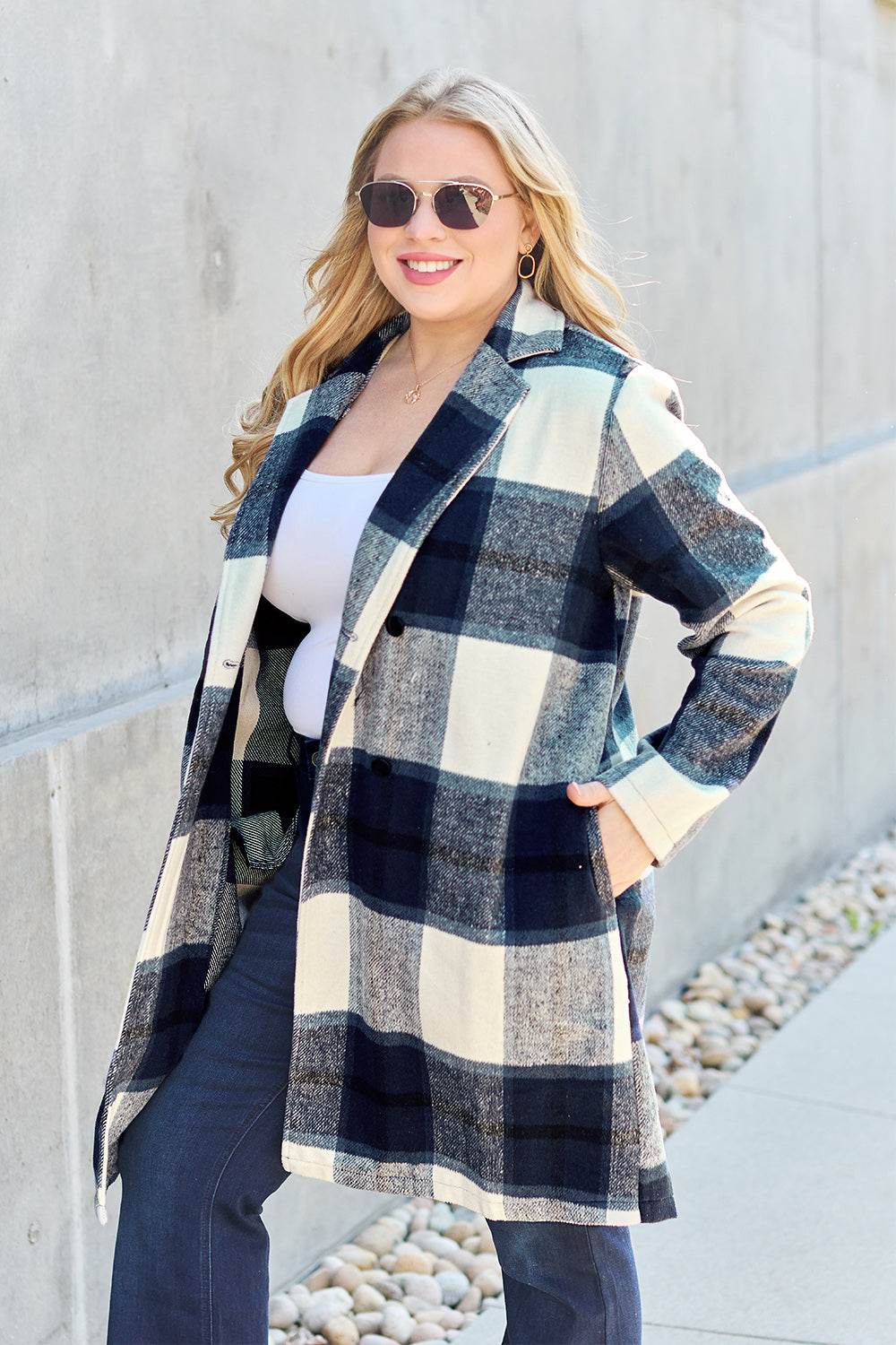 Double Take Full Size Plaid Button Up Lapel Collar Coat - Delanoir