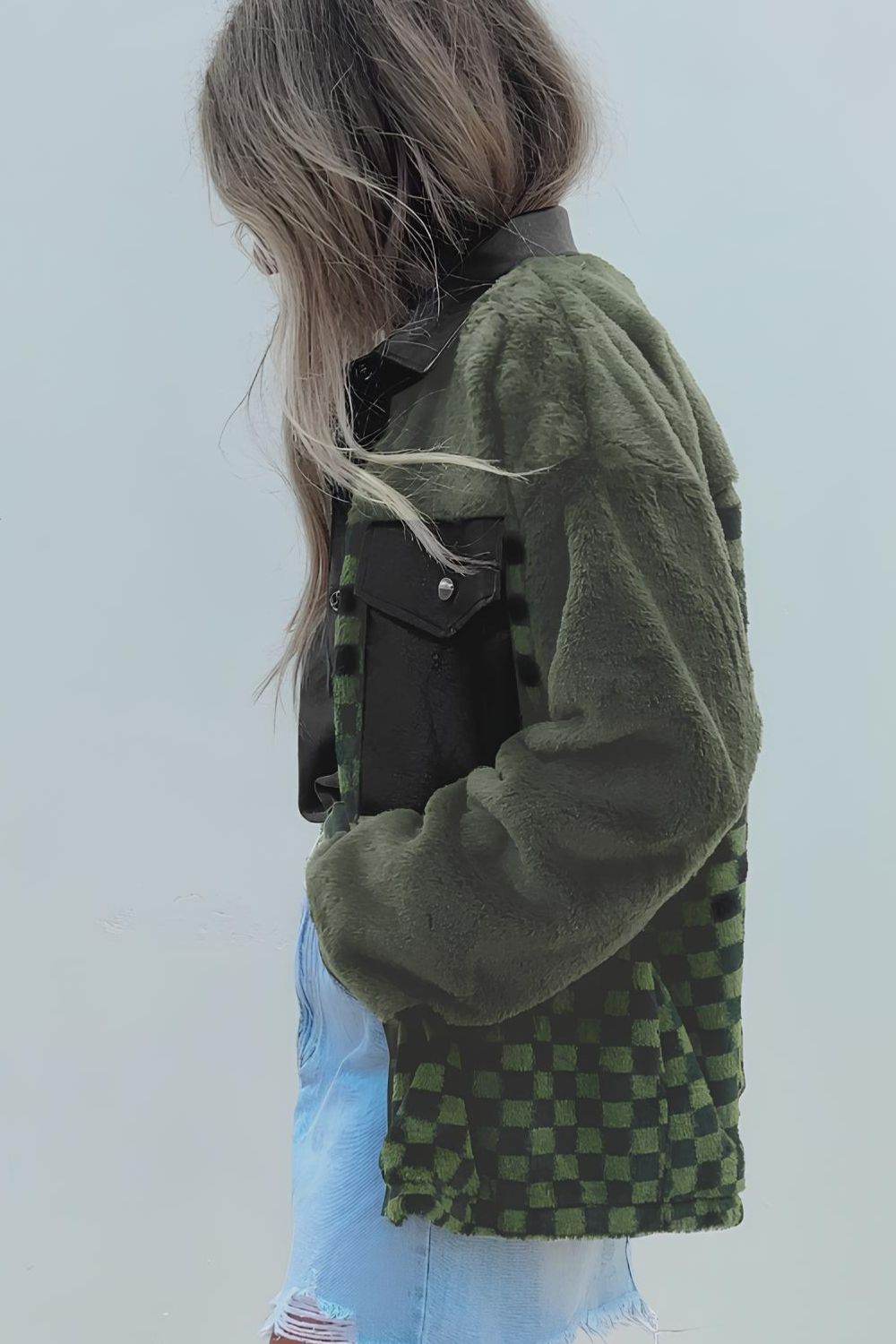 Pocketed Checkered Collared Neck Snap Down Jacket - Delanoir