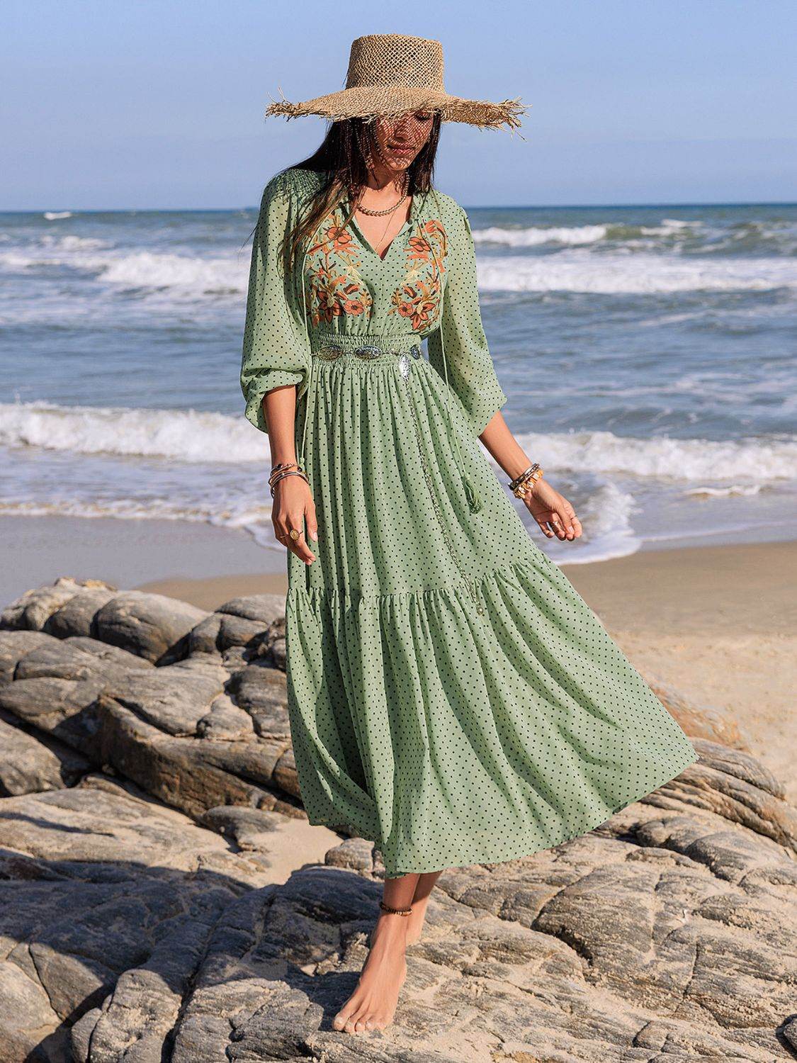 Embroidered Polka Dot Tie Neck Long Sleeve Midi Dress - Delanoir