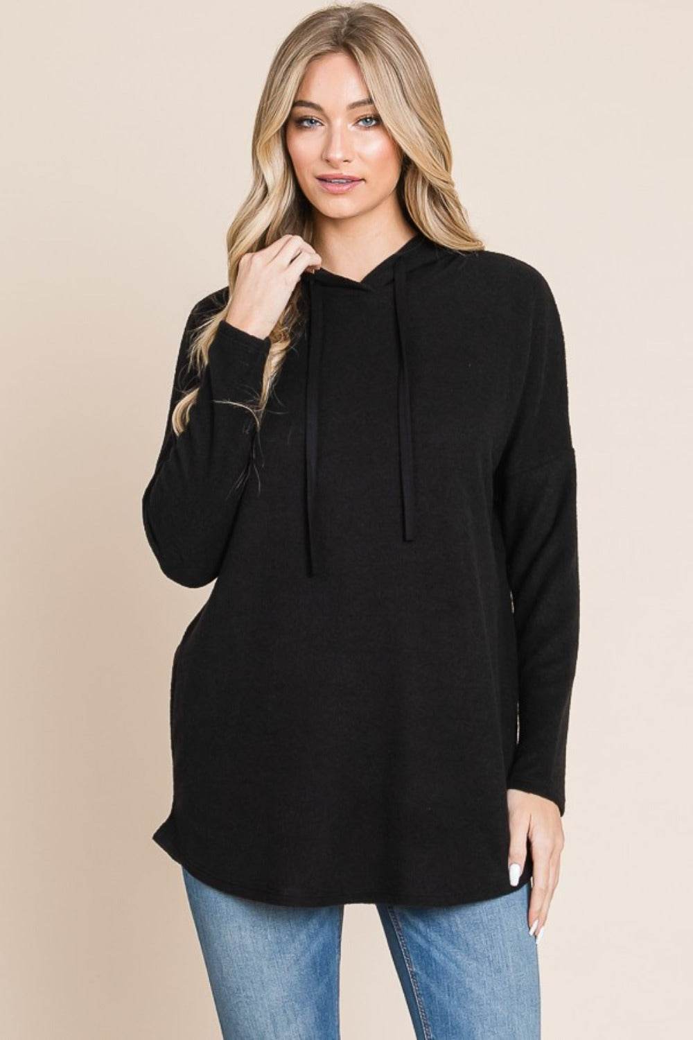 BOMBOM Contrast Drawstring Drop Shoulder Knit Hoodie - Delanoir