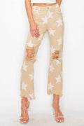 RISEN Full Size High Rise Star Printed Frayed Hem Jeans - Delanoir