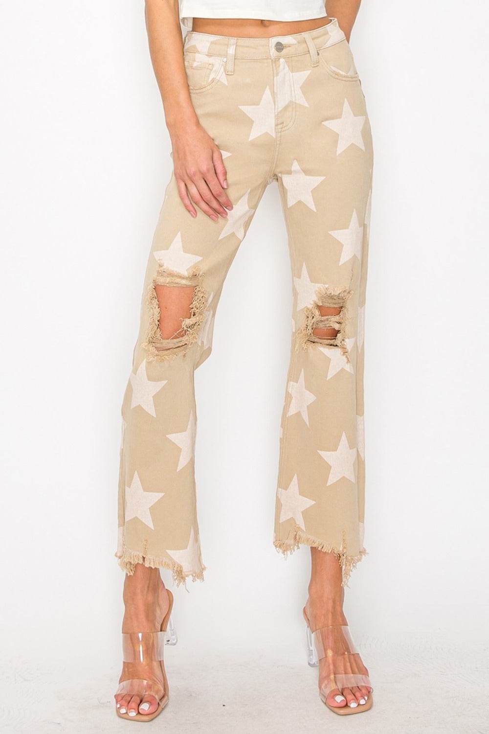 RISEN Full Size High Rise Star Printed Frayed Hem Jeans - Delanoir